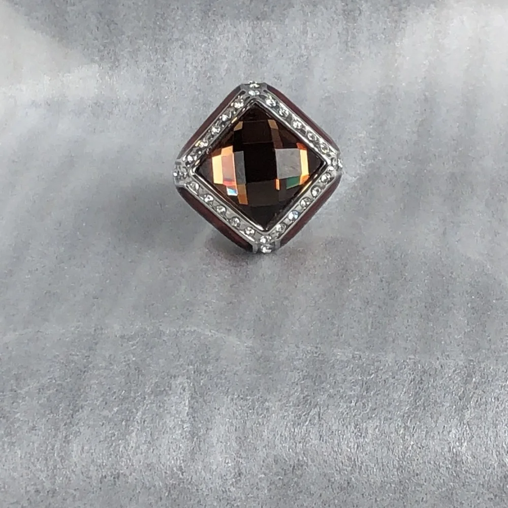 Smoky Quartz Ring Men's Size 8 Square Simulated Stones Faceted Silver Tone Band